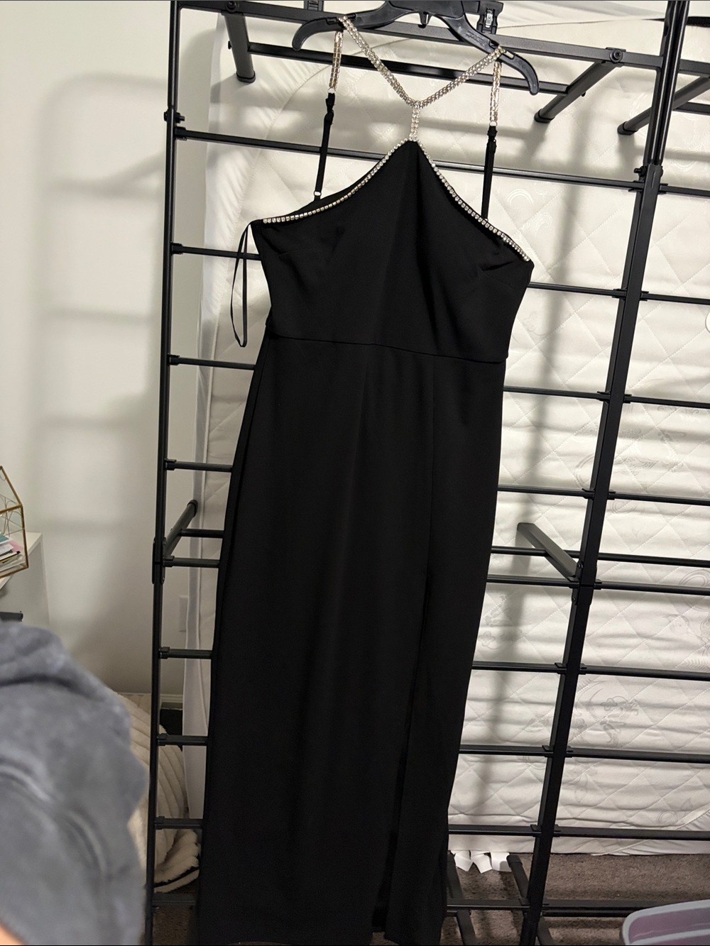 Elegant Black Strapless Evening Gown with Rhinestone Trim
